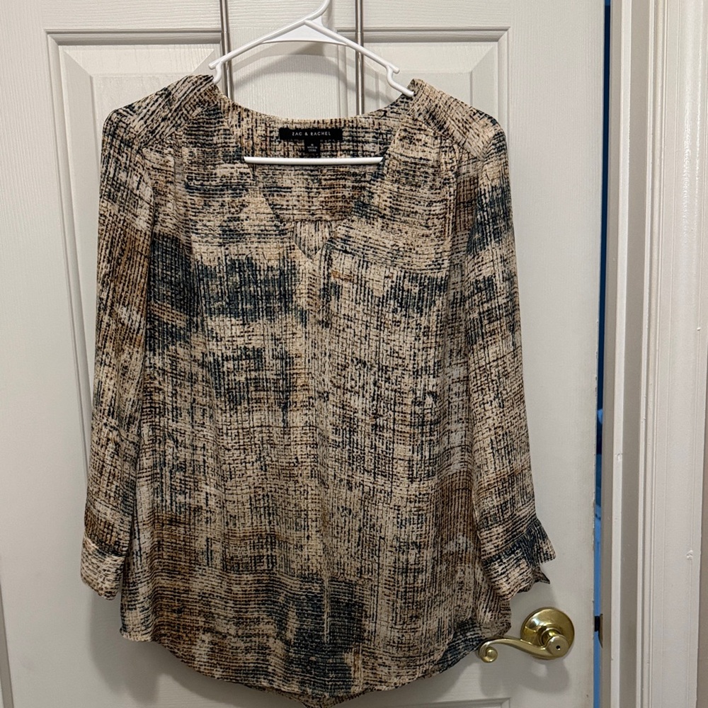 Zac & Rachel Black, Green and Tan Patterned Blouse with Tie Sleeve